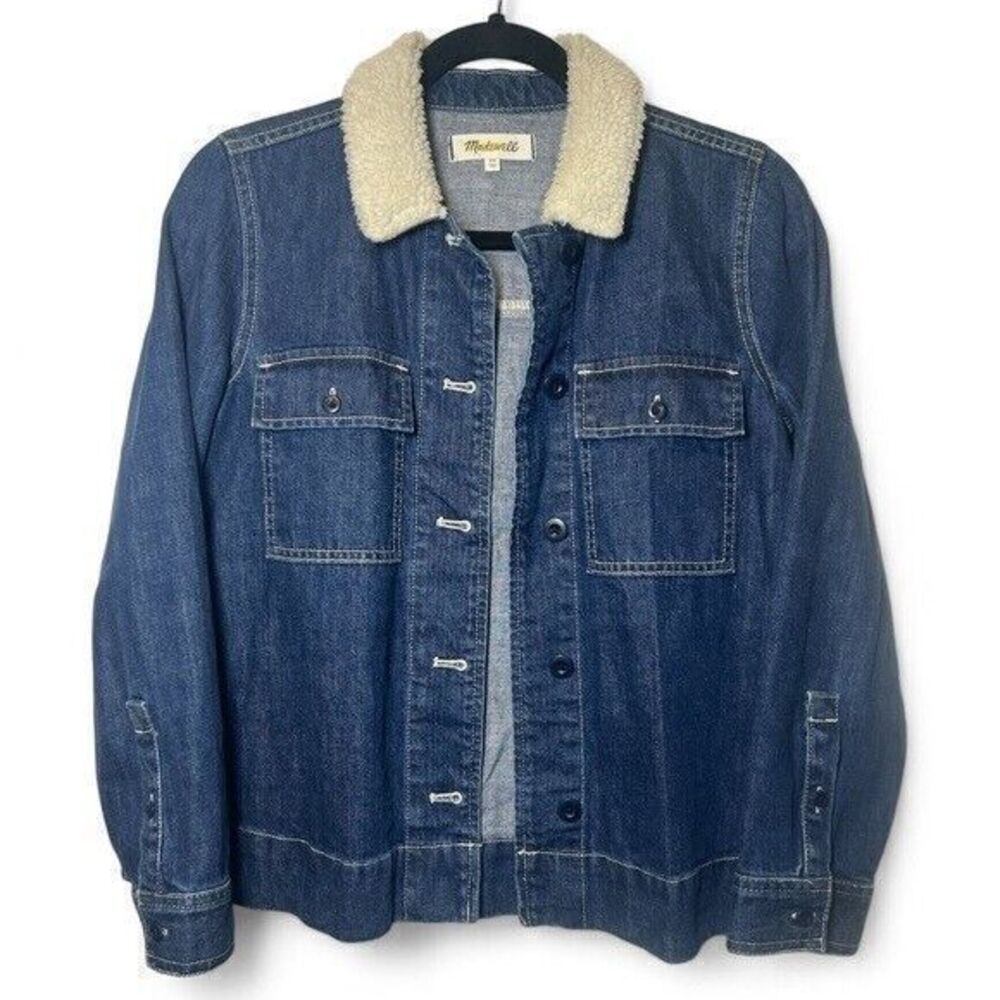 Madewell Northward Cropped Army Trucker Sherpa Faux Fur Collar Denim Jean Jacket
